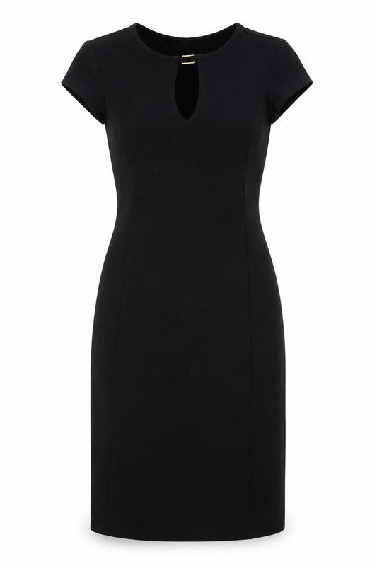 Front view of Oakridge women’s black polyester a-line, size UK 8, round neck