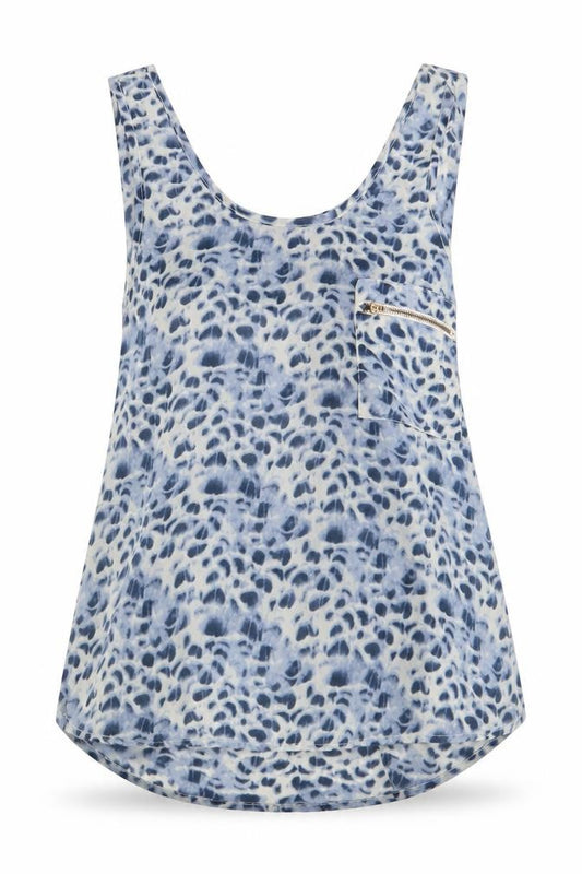 Front view of Atmosphere women’s blue animal print polyester tunic blouse, round neck - open & elasticated lower back with