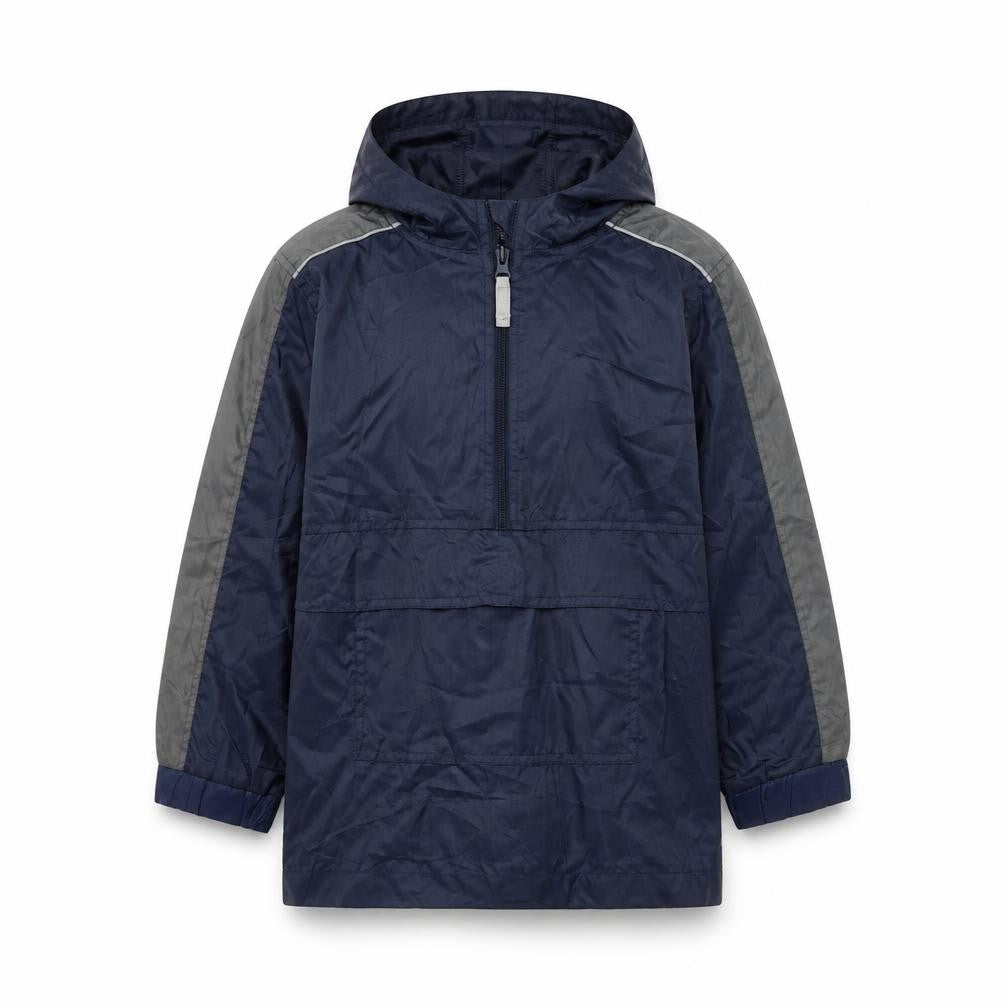 Front view of back to school boys’ blue rain coat coat, size S