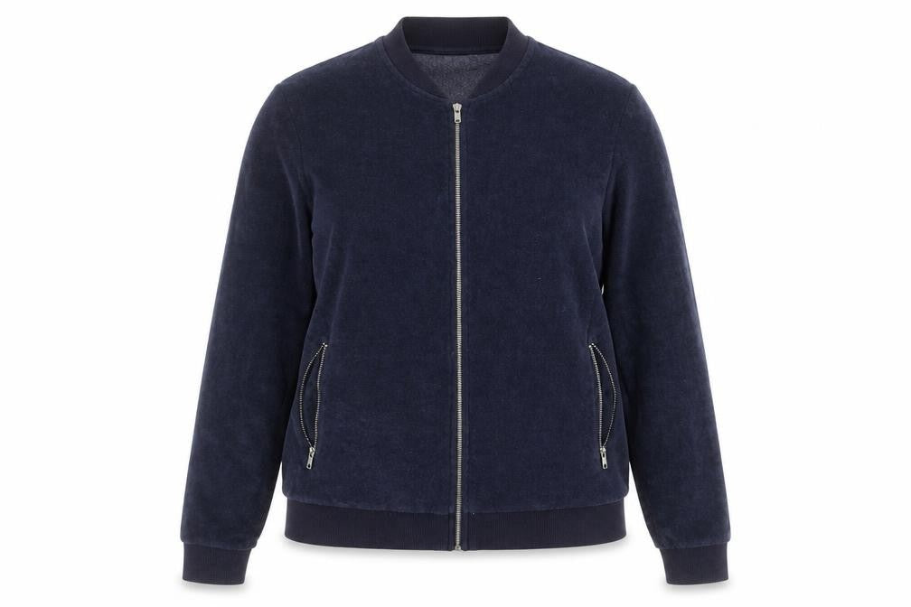 Front view of ASOS women’s blue round neck polyester full zip jumper, size M
