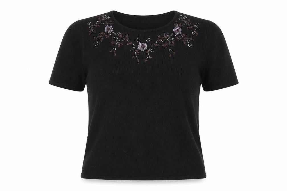 Front view of isabelle women’s black acrylic basic t-shirt, size UK 12, round neck