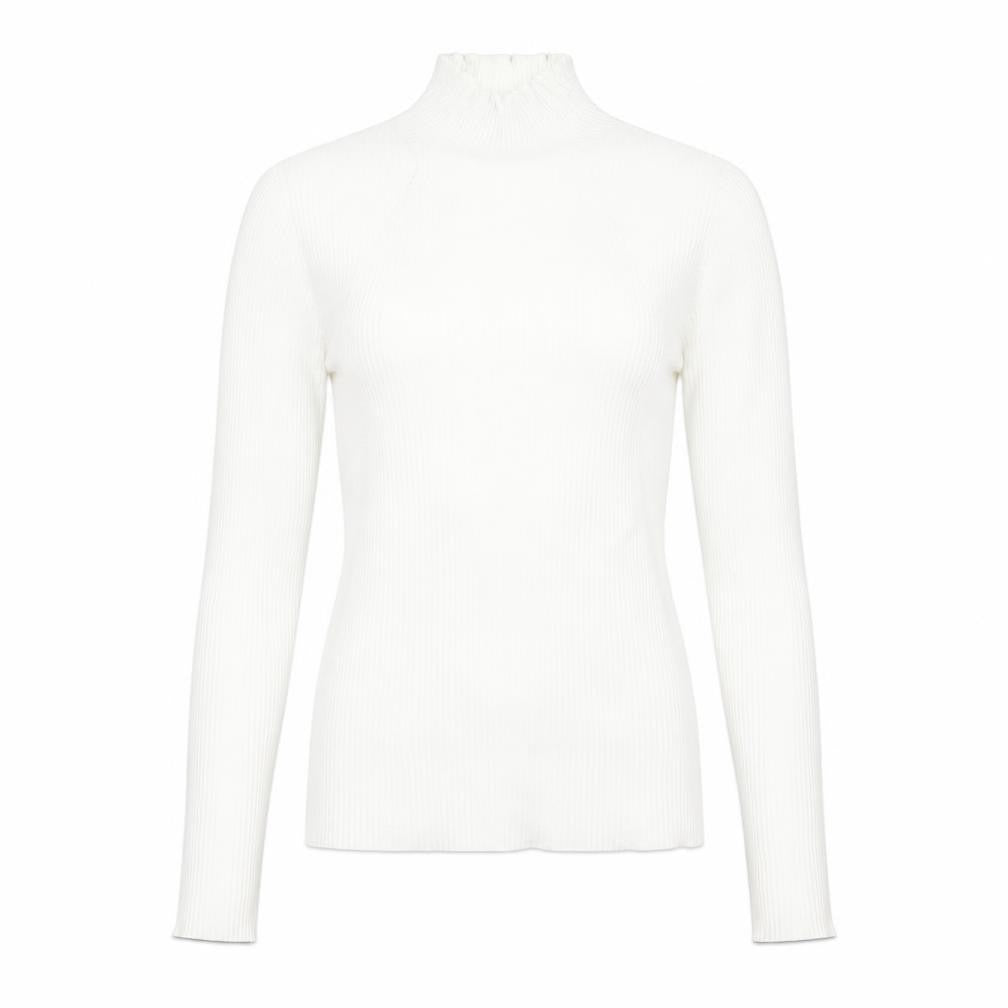 Front view of Stradivarius women’s white viscose basic t-shirt, size M, high neck