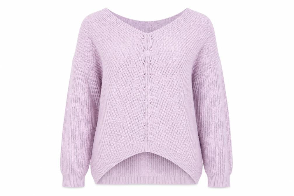 Front view of Primark women’s pink v-neck acrylic jumper, size UK 10