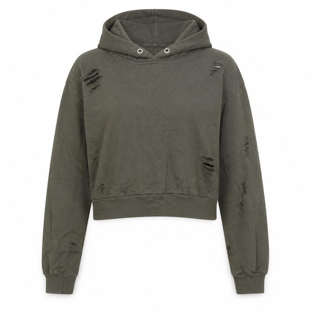 Front view of Select women’s green cotton pullover hoodie, size UK 8, - distressed