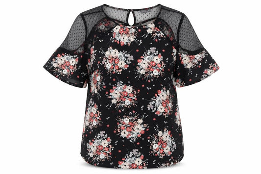 Front view of Primark women’s black floral polyester basic blouse, size UK 6, round neck