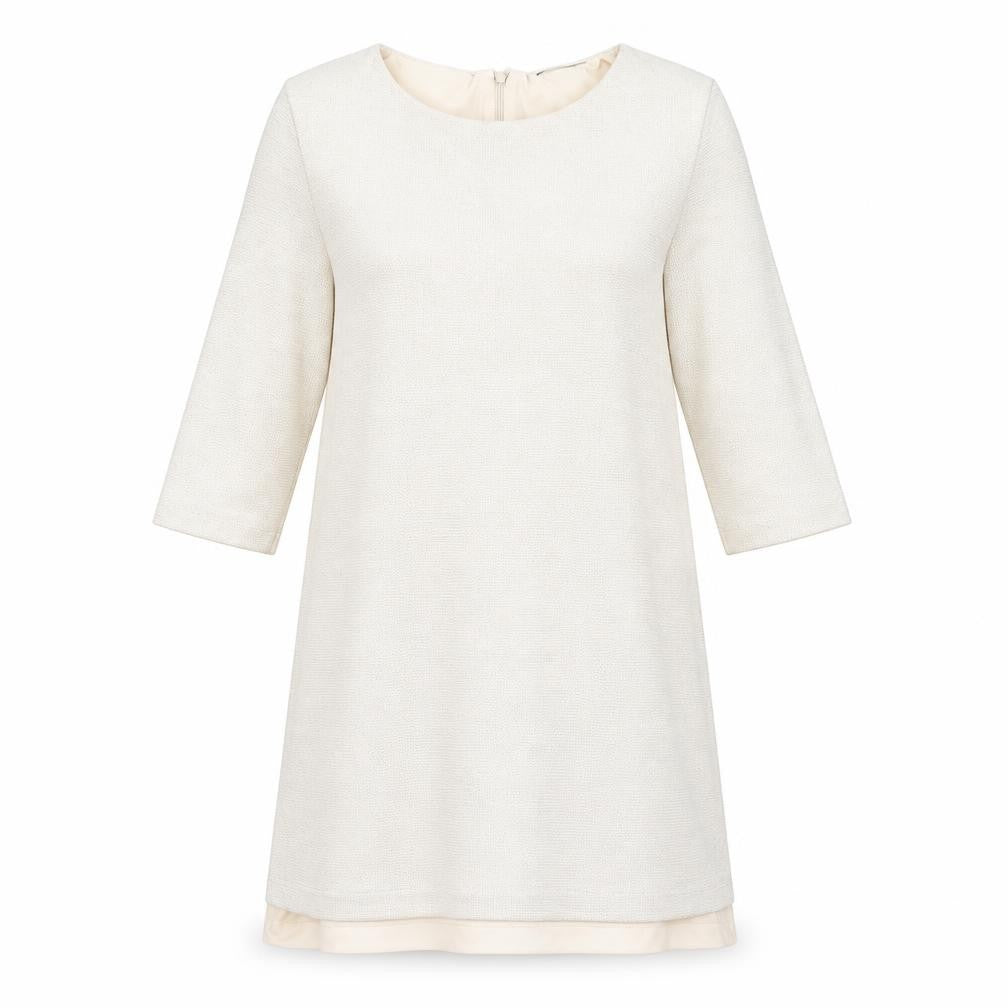 Front view of Zara women’s beige viscose shift, size M, round neck