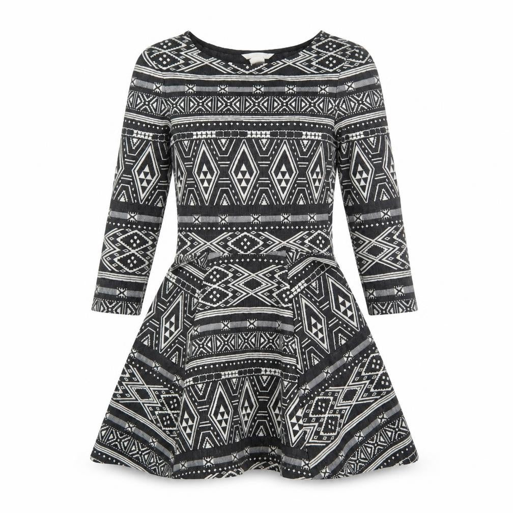 Front view of H&M women’s black geometric polyester shift, size XS, round neck