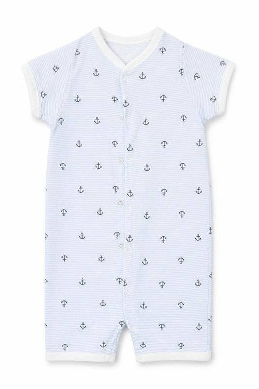 Front view of H&M Baby Blue Striped Cotton Babygrow One-Piece, size 18-24, Months - Anchor
