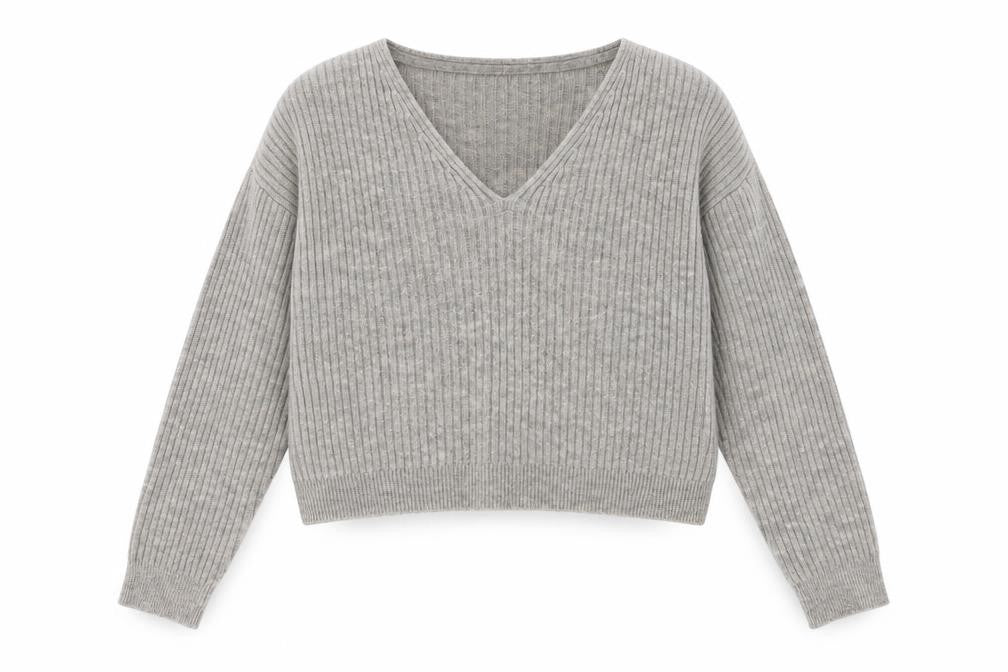 Front view of New Look women’s grey v-neck acrylic jumper, size M