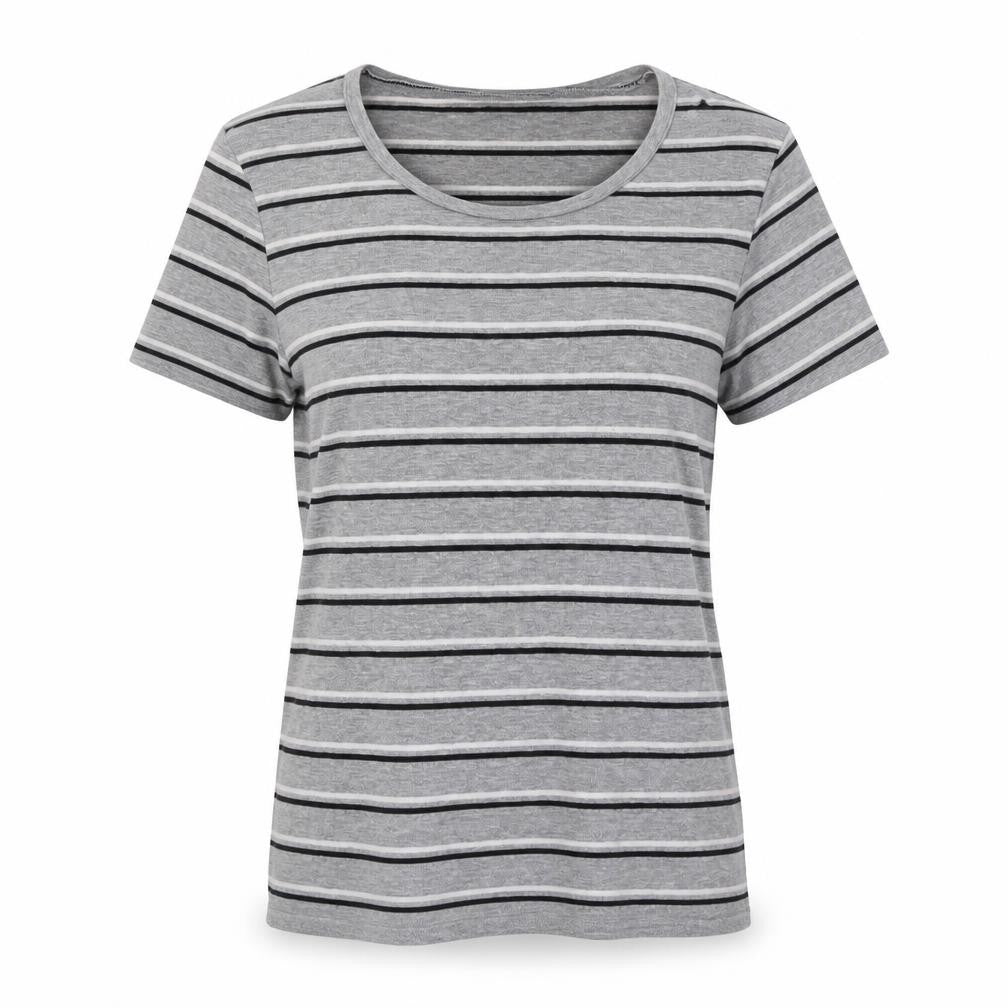 Front view of H&M women’s grey striped cotton basic polo, size XS, crew neck