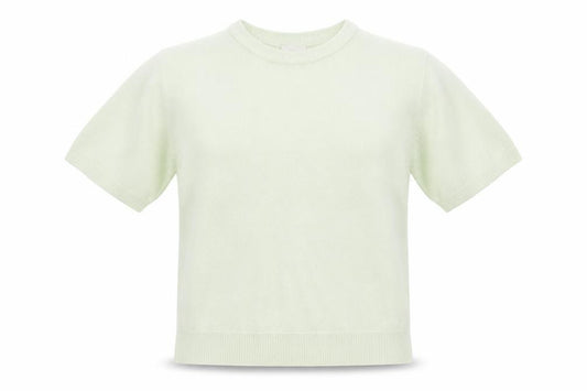 Front view of Essentials women’s green round neck acrylic jumper, size UK 10, - pale green