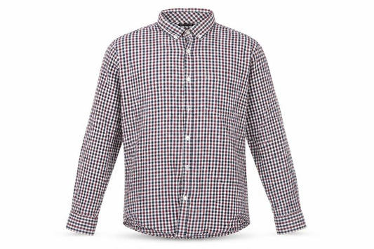 Front view of F&F men’s blue check cotton button-up, size M, collared - buttoned collar blue brown white checks