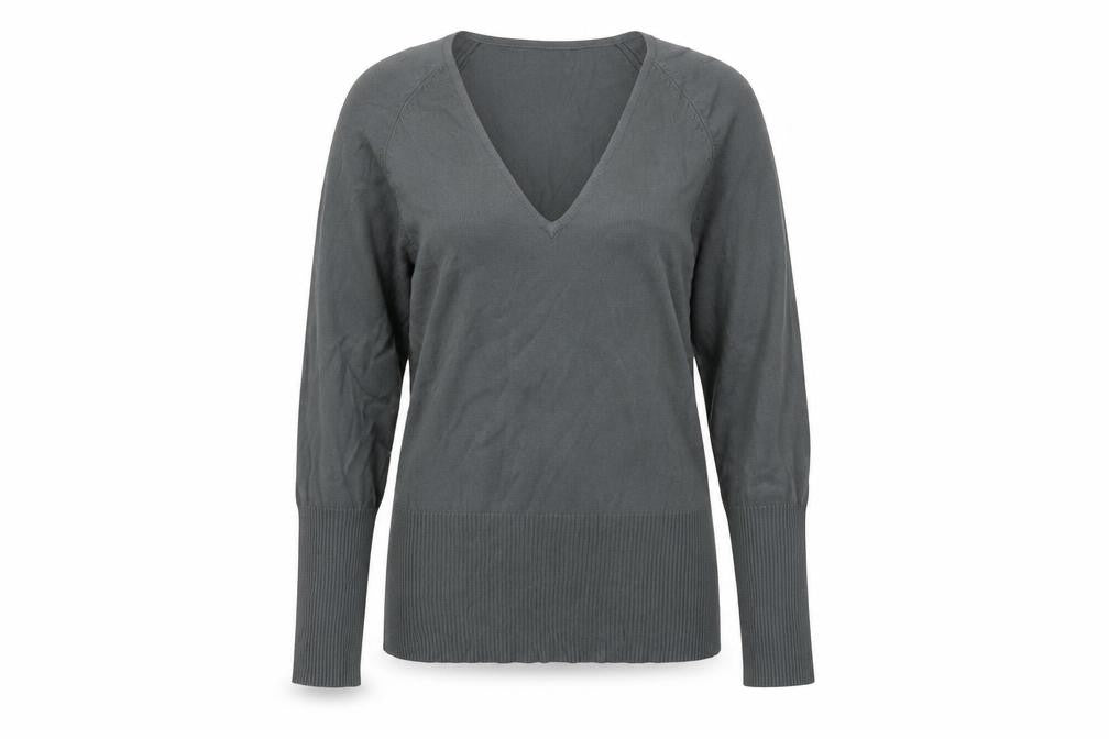 Front view of Liquid women’s green v-neck viscose jumper, size M