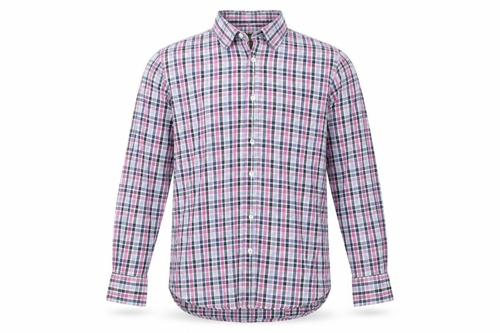 Front view of James Aubrey men’s multicoloured check cotton button-up, size M, collared button
