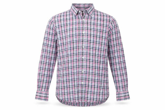 Front view of James Aubrey men’s multicoloured check cotton button-up, size M, collared button