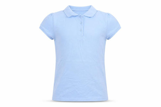 Front view of George girls’ blue cotton basic polo, size 10-11, years collared