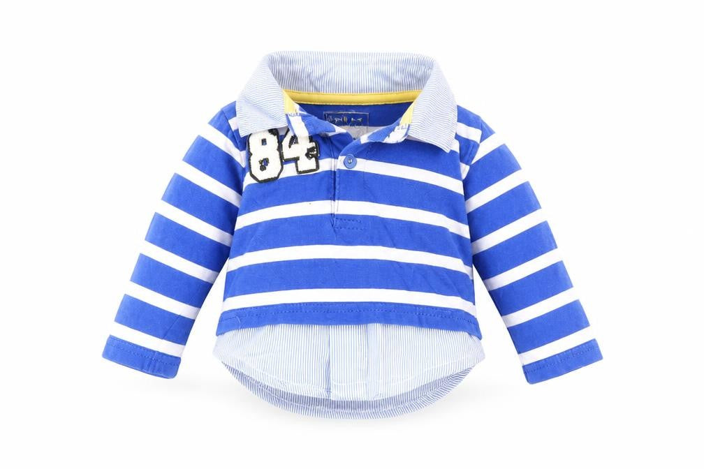 Front view of Early Days Baby Blue Striped Cotton Basic Polo, size 0-3, Months Collared
