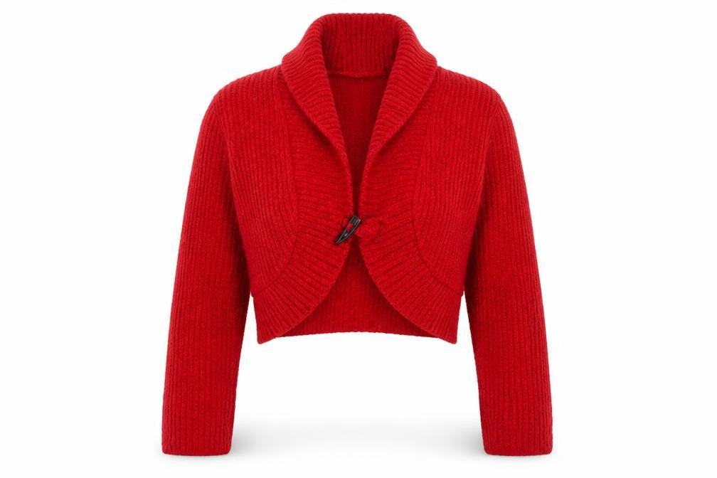 Front view of Editions women’s red v-neck acrylic cardigan jumper, size S