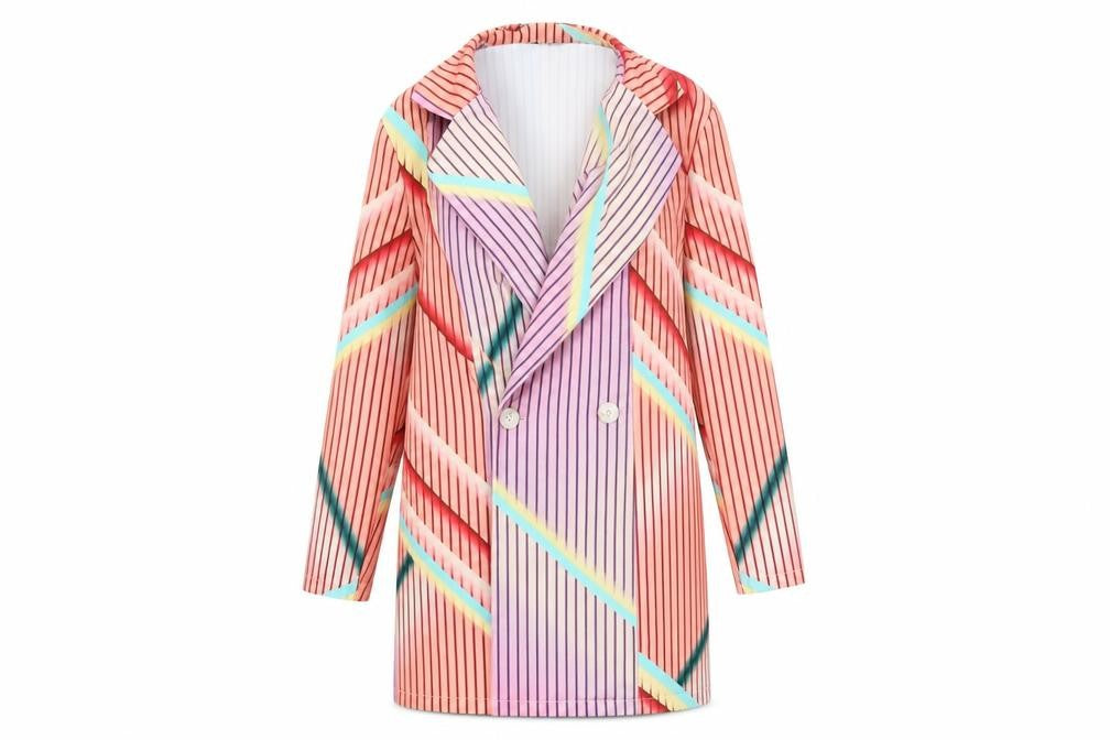 Front view of CBR women’s pink striped overcoat jacket, size UK 8