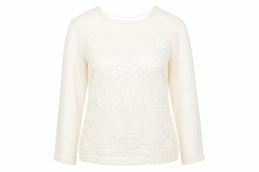 Front view of Matalan women’s beige polyester basic blouse, size UK 12, round neck