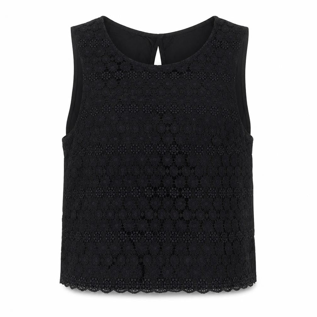 Front view of Divided women’s black floral cotton basic tank, size UK 12, round neck