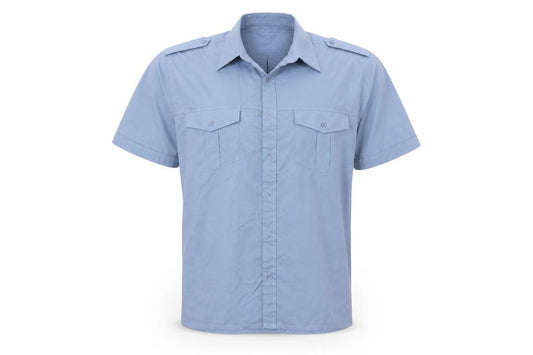 Front view of Easy men’s blue polyester button-up, size M, collared