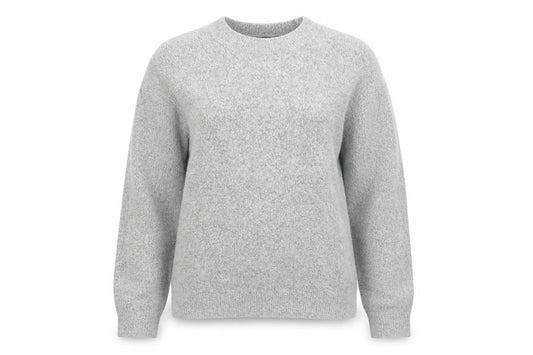 Front view of Studio women’s grey round neck acrylic jumper, size UK 12