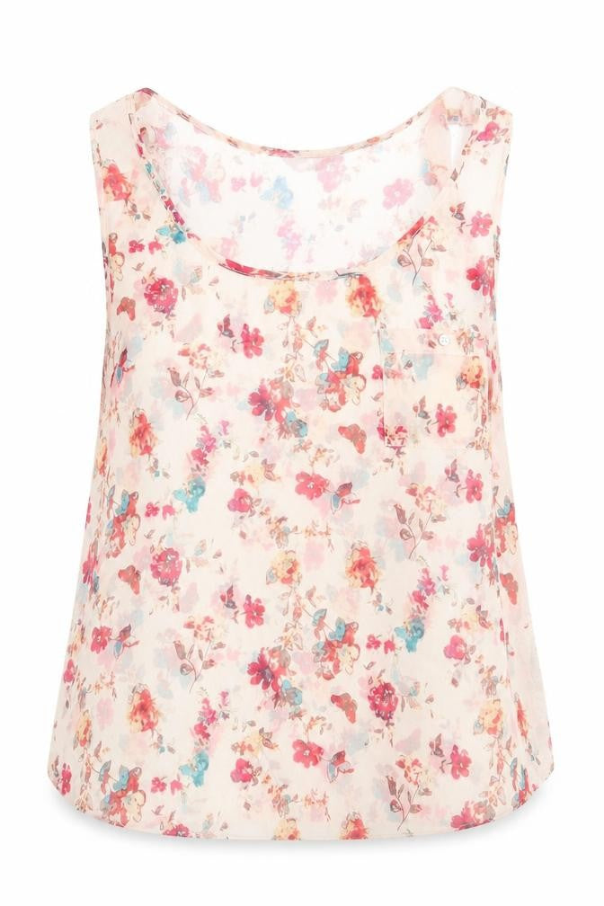 Front view of Internacionale women’s pink floral polyester basic blouse, size UK 14, round neck