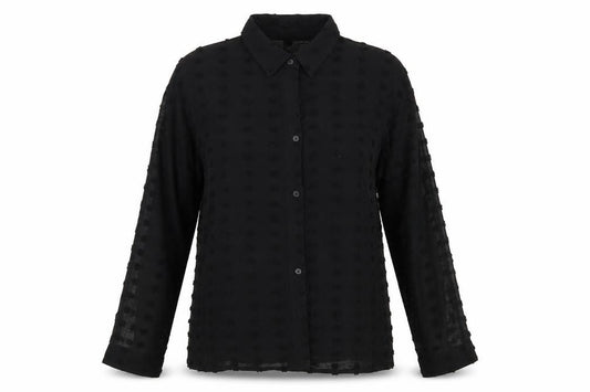 Front view of Preworn women’s black polka dot polyester basic button-up, size L, collared