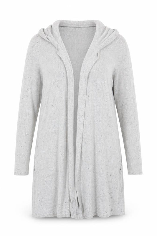 Front view of AJC women’s grey v-neck viscose cardigan jumper, size UK 14