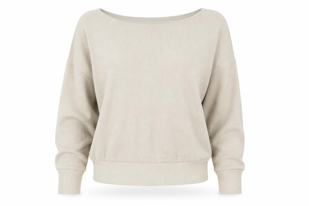 Front view of Femme Luxe women’s beige round neck acrylic jumper, size M