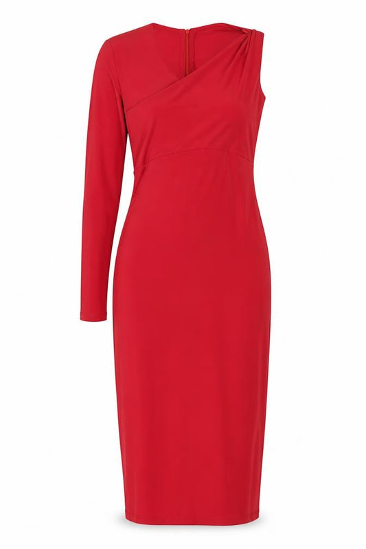 Front view of ClubL London women’s red polyester shift, size UK 8, round neck