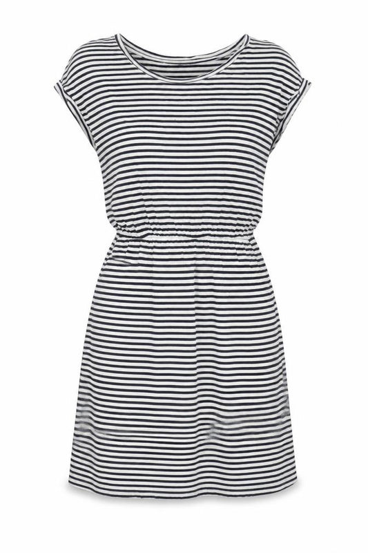Front view of H&M women’s white striped cotton fit & flare, size XS, crew neck