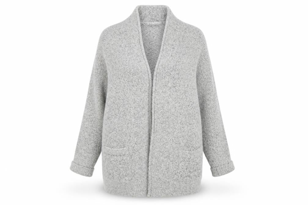 Front view of M&Co women’s grey v-neck acrylic wrap jumper, size UK 16