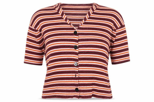 Front view of New Look women’s multicoloured v-neck striped polyester cardigan jumper, size S