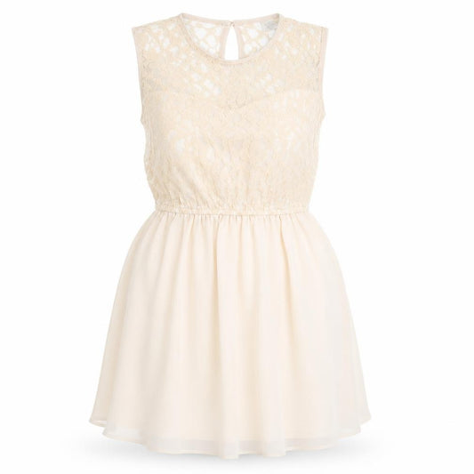 Front view of H&M women’s beige floral polyester fit & flare, size UK 6, round neck