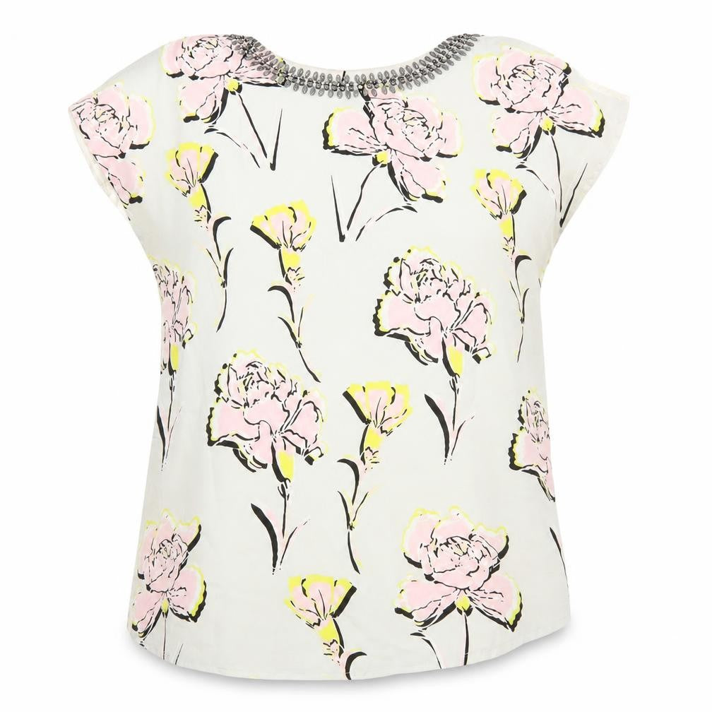 Front view of Warehouse women’s multicoloured floral viscose basic blouse, size UK 10, round neck
