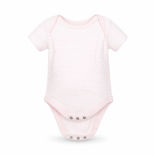 Front view of Mothercare girls’ pink striped cotton babygrow one-piece, size 0-3, months