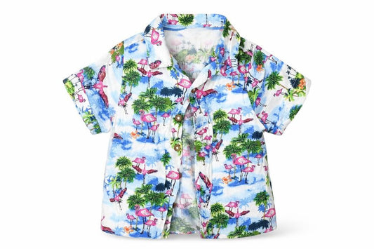 Front view of Primark Baby Multicoloured Viscose Basic Button-Up, size 12-18, Months Collared - FLAMINGO BEACH