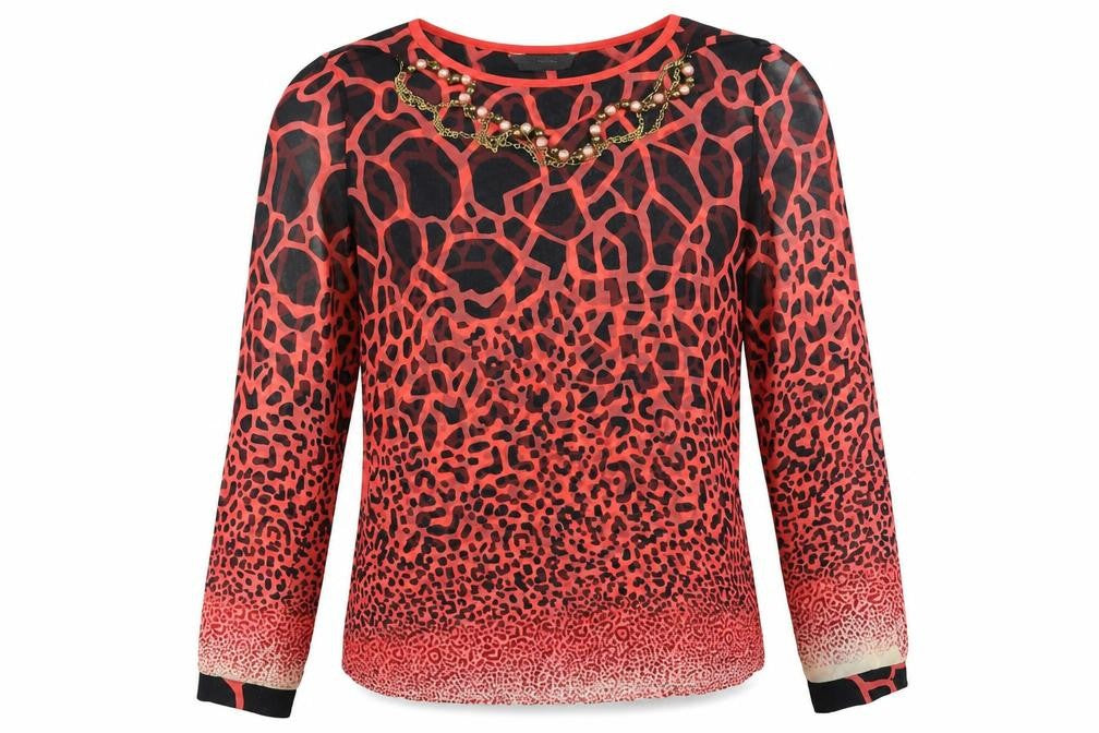 Front view of PARK MCCA women’s multicoloured animal print basic blouse, size UK 10, round neck