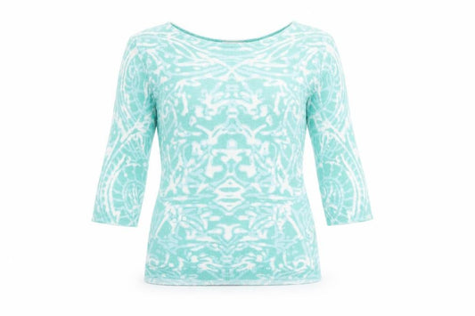 Front view of Per Una women’s green geometric polyamide basic t-shirt, size UK 10, round neck