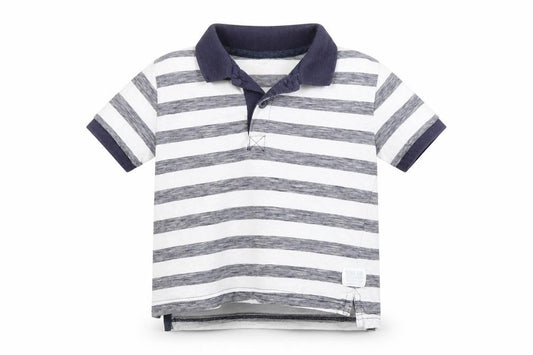 Front view of Rebel boys’ white striped cotton basic polo, size 5-6, years collared