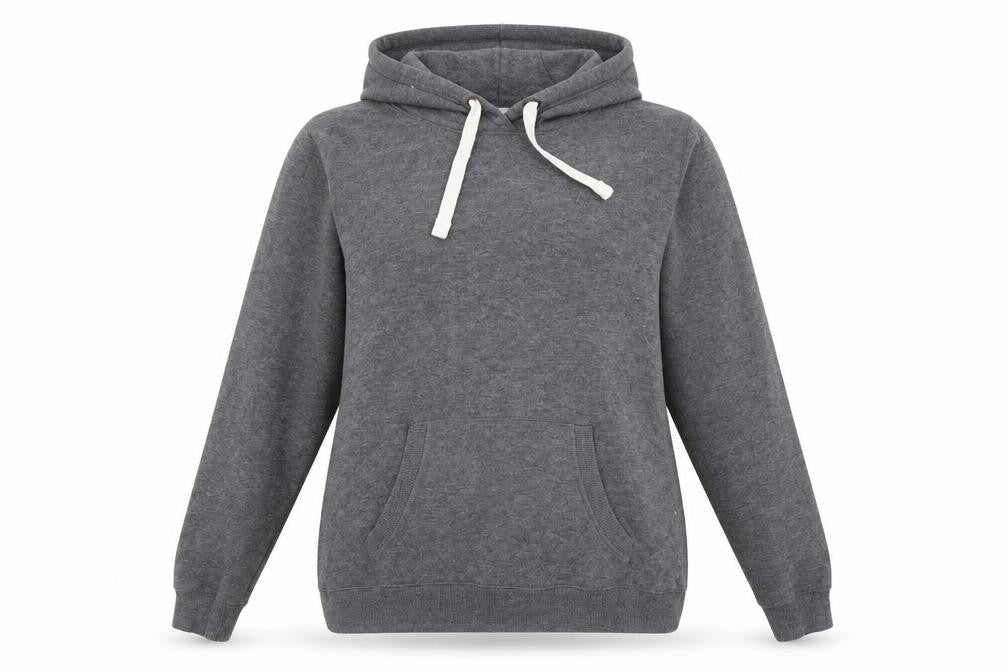 Front view of Avenue women’s grey polyester pullover hoodie, size UK 18
