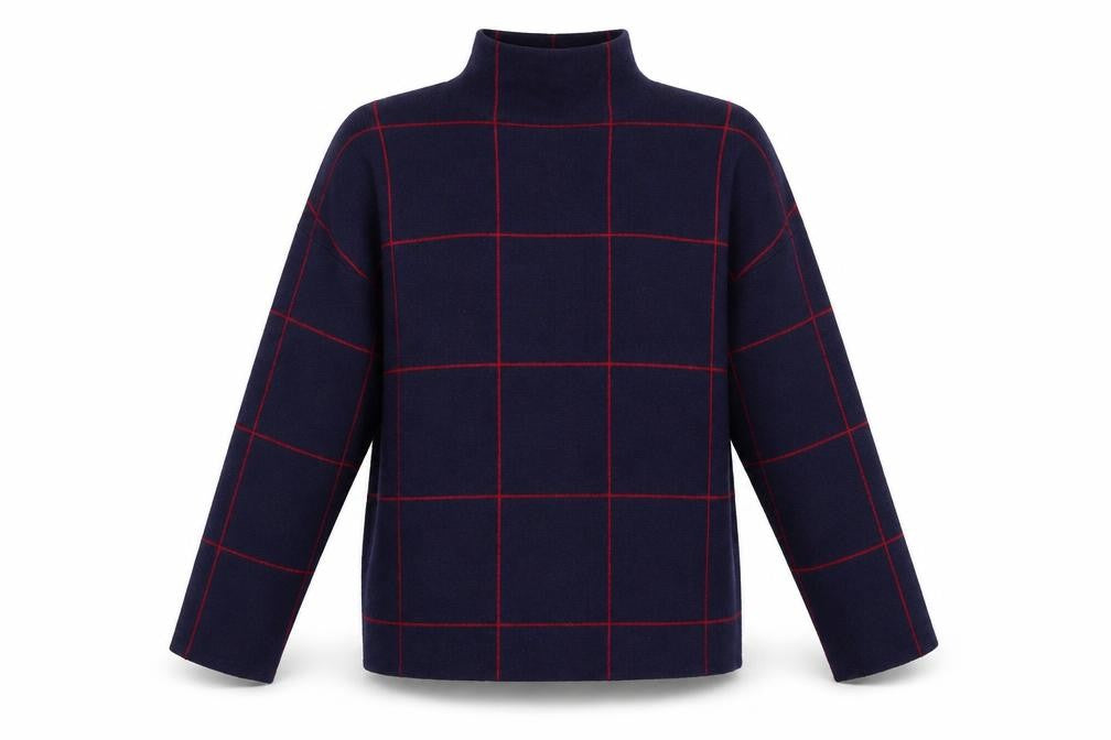 Front view of New Look women’s blue high neck check viscose jumper, size L