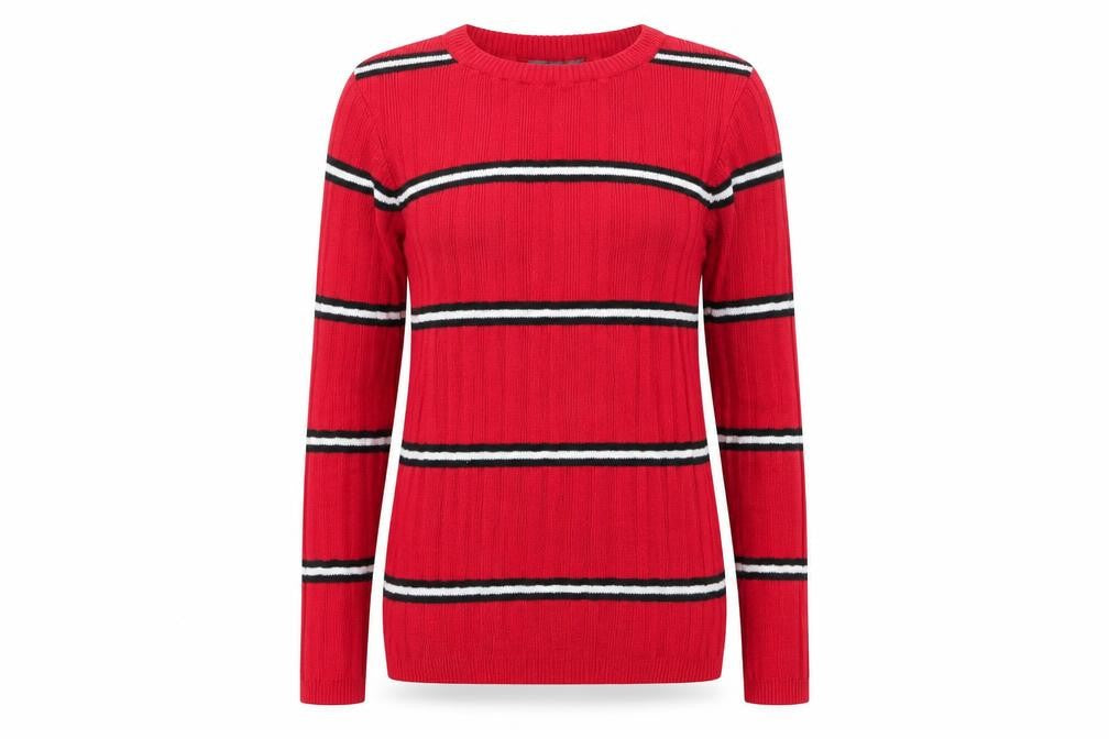 Front view of Primark women’s red round neck striped polyester jumper, size UK 6