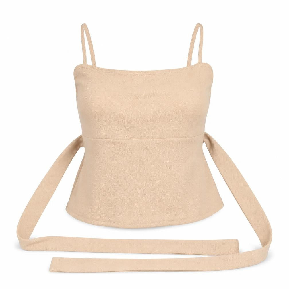 Front view of PRETTYLITTLETHING women’s beige polyester basic tank, size UK 10, off the shoulder