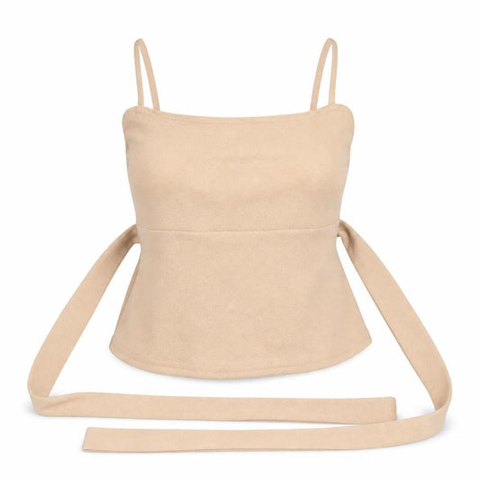 Front view of PRETTYLITTLETHING women’s beige polyester basic tank, size UK 10, off the shoulder