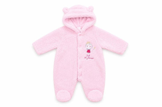 Front view of Little but Loud Baby Pink Polyester Coverall One-Piece, size 0-3, Months