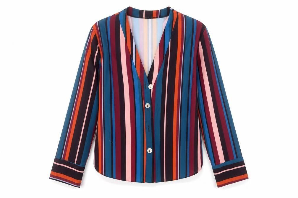 Front view of New Look women’s red striped polyester basic button-up, size UK 10, v-neck
