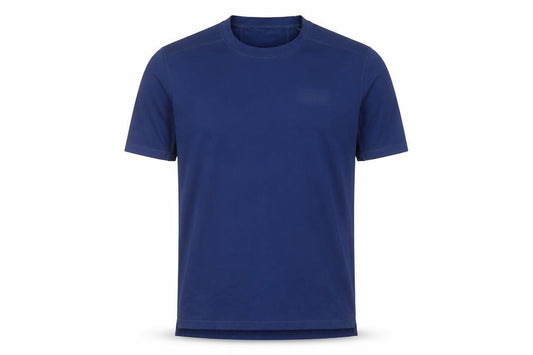 Front view of Steel & Jelly men’s blue polyester t-shirt, size M, round neck